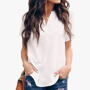 Allimy Women Summer Split V Neckline Chiffon Blouses Loose Tunic Short Sleeve